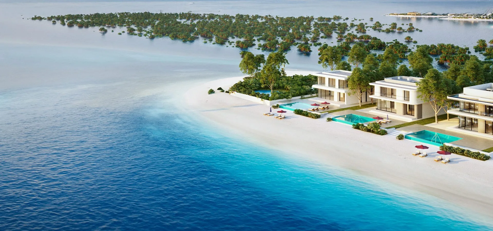 Ramhan Island aerial view showing marina and floating villas